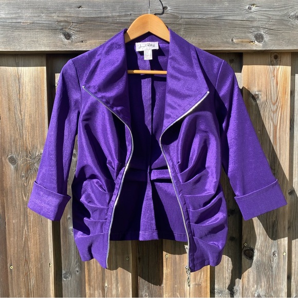 Joseph Ribkoff | Metallic Purple Ruched Fitted Silver Double ZipperJacket - Picture 13 of 15